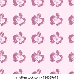 Seamless texture. Stylized purple orchids on a pink background