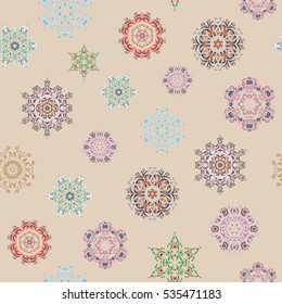 Seamless texture with stylized snowflakes and dots on a beige background. Starry Sky. Falling snow.