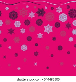 Seamless texture with stylized snowflakes and dots on a magenta background. Starry Sky. Falling snow.