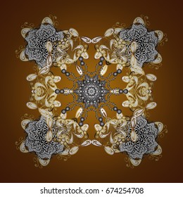 Seamless texture with stylized snowflakes and dots on a brown background. Starry Sky. Falling snow.