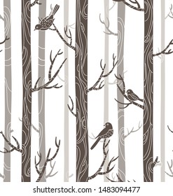 seamless texture with stylized trees and birds, vector illustration