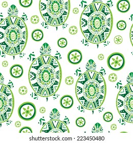 Seamless texture with stylized turtles and flowers on green background. Vector art