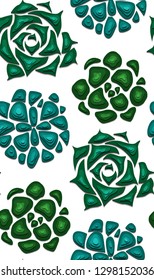 Seamless texture with succulents cut out of paper in green color with a top view on white background. Vector pattern for fabrics, wallpaper and for your design