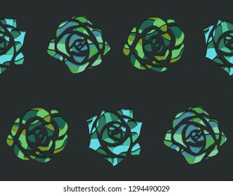 Seamless texture with succulents  top view with 3d background cut out of paper in green color on dark background. Vector pattern for fabrics, wallpaper and for your design