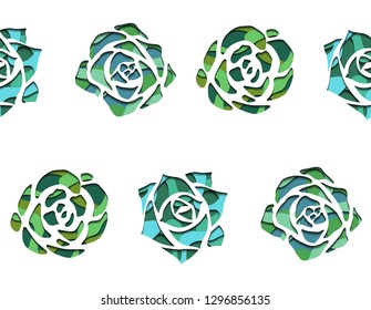 Seamless texture with succulents  top view with 3d background cut out of paper in green color on white background. Vector pattern for fabrics, wallpaper and for your design