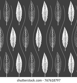 seamless texture with sulhouettes of leaves and wavy lines