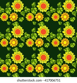 Seamless texture with sunflowers and green leaves on a dark background. Vector illustration