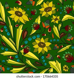 seamless texture with sunflowers and leaves on a turquoise background