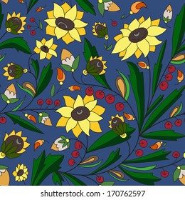 seamless texture with sunflowers and leaves on a blue background. Can be used as a background picture, pattern fill, surface texture