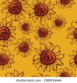 Seamless texture of sunflowers on an orange background.