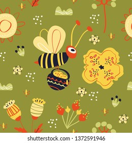 Seamless texture, the surface with a bee collects honey, wildflowers and herbs in the Scandinavian childish doodle style. Great for baby print, fabric, textiles, wallpaper, wall decoration, nursery.2