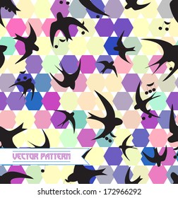 Seamless texture with swallow bird, musical notes and hexagon. A mosaic effect. Bright spring colors. Black silhouettes of birds