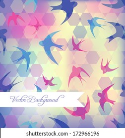 Seamless texture with swallow and hexagon. A mosaic effect. Pastel spring colors. Silhouettes of birds