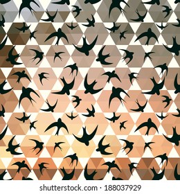 Seamless texture with the swallow, and hexagons. Black silhouettes of birds. Mosaic effect