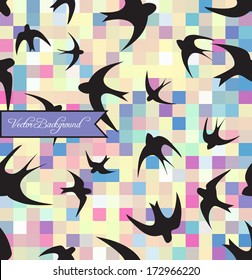 Seamless texture with swallow and square. A mosaic effect. Bright spring colors. Black silhouettes of birds
