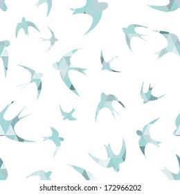 Seamless texture with the swallows, and triangles. Silhouettes of birds. Mosaic effect