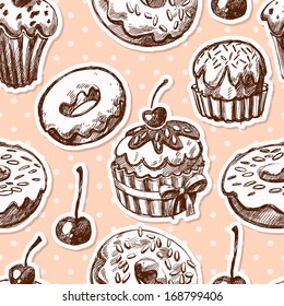 Seamless texture sweets, donut, biscuit on the background of polka dots. Cupcakes  seamless pattern 
