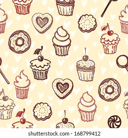 Seamless texture sweets, donut, biscuit on the background of polka dots. Cupcakes  seamless pattern 