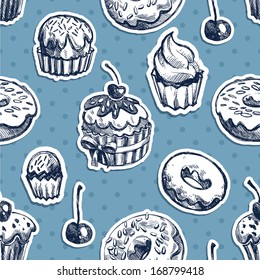Seamless texture sweets, donut, biscuit on the background of polka dots. Cupcakes  seamless pattern 