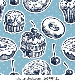Seamless texture sweets, donut, biscuit on the background of polka dots. Cupcakes  seamless pattern 