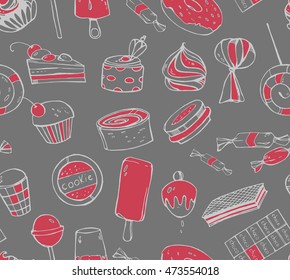 Seamless texture with sweets on a gray background. Grunge. Doodle illustration. Repeated pattern. 