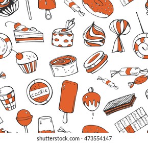 Seamless texture with sweets on a white background. Doodle illustration. Repeated pattern. 