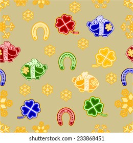 Seamless texture symbols for luck Piggy cloverleaf horseshoe Christmas decorations gold background vector 