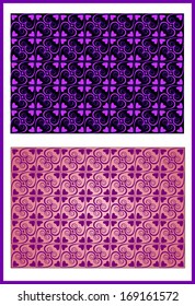 Seamless texture with symmetric decorative elements curls hearts of pink lilac color for a background.