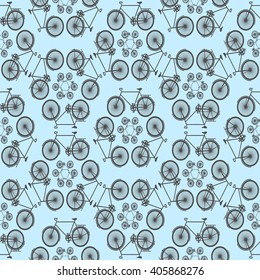 Seamless texture with symmetrical bicycles on blue background