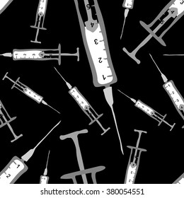 Seamless texture with syringe silhouettes on black background.