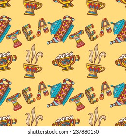 Seamless texture tea party,  cup, candy, sugar. Tribal style. Vector illustration.