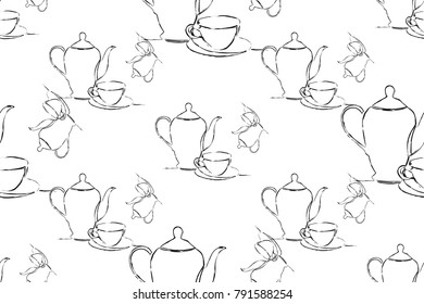 Seamless texture of a tea set. Drawing coal. Cloth, tablecloth, curtains. Vector hand drawing. On a white background.