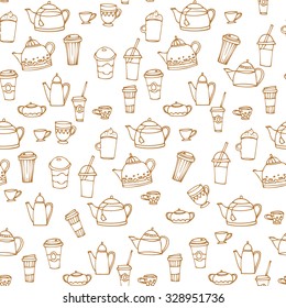Seamless texture with of teapots and cups. Doodle ink sketch. Coffee and tea 