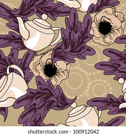seamless texture with teapots and flowers