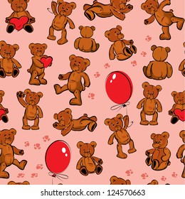 Seamless texture with teddy bears, hearts and balloons on pink background
