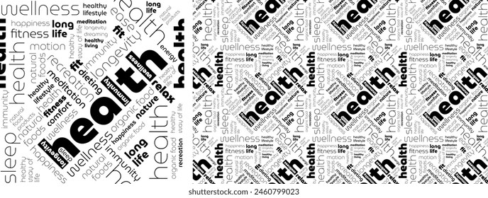 Seamless texture with text health, healthy lifestyle, wellness. Health word cloud background. 