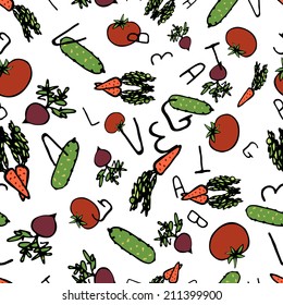 Seamless texture with tomato, cucumber, carrots, beet and letters in hand draw style on a white backdrop