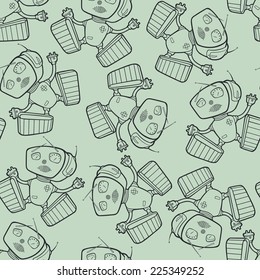 Seamless texture with toy robots. Light background with cheerful robots.
