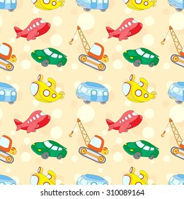 Seamless texture with transport: submarine, car, bus, aircraft and crane. Vector illustration for kids