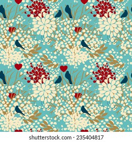 seamless texture with trees, birds and hearts, nature seamless texture in xmas style, vector illustration
