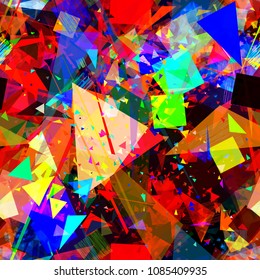 Seamless texture with triangles and squares. Colorful elements on black backdrop. Abstract vector background for web page, banners backdrop, fabric, home decor, wrapping