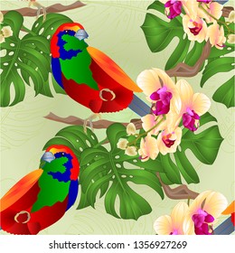 Seamless texture tropical bird  and beautiful yellow orchid  phalenopsis   and philodendron  on a white background  vintage vector illustration  editable hand draw