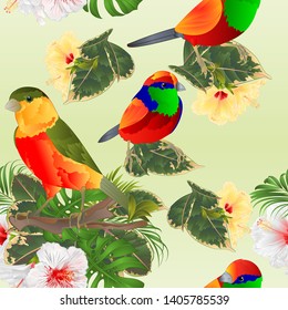 Seamless texture tropical bird cute small  funny  bird and white hibiscus watercolor style nature background vintage vector illustration editable hand draw