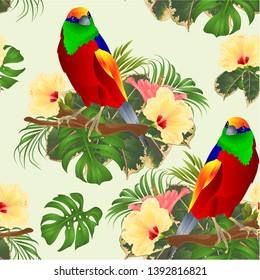 Seamless texture tropical bird  on a branch  with tropical flowers hibiscus palm,philodendron watercolor background vintage vector illustration editable hand draw

