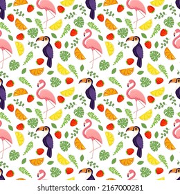 Seamless texture with tropical bird toucan, flamingos, leaves, berries and fruits. Pattern vector illustration.