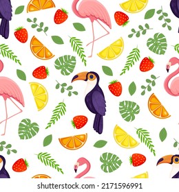 Seamless texture with tropical bird toucan, flamingos, leaves, berries and fruits. Pattern vector illustration.