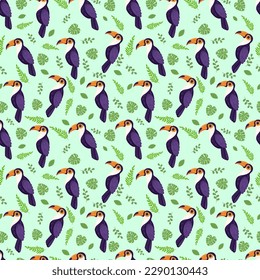 Nahtlose Textur mit tropischem Vogel Toucan und Blätter. Muster, Vektorgrafik.