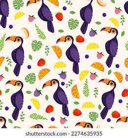 Seamless texture with tropical bird toucans, leaves, berries and fruits. Pattern vector illustration.