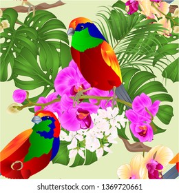 Seamless texture tropical birds  and beautiful yellow and purple orchids  phalenopsis   and philodendron  tropical  background  vintage vector illustration  editable hand draw