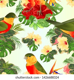 Seamless texture tropical birds cute small  funny  bird and yellow and pink hibiscus watercolor style on a white background vintage vector illustration editable hand draw